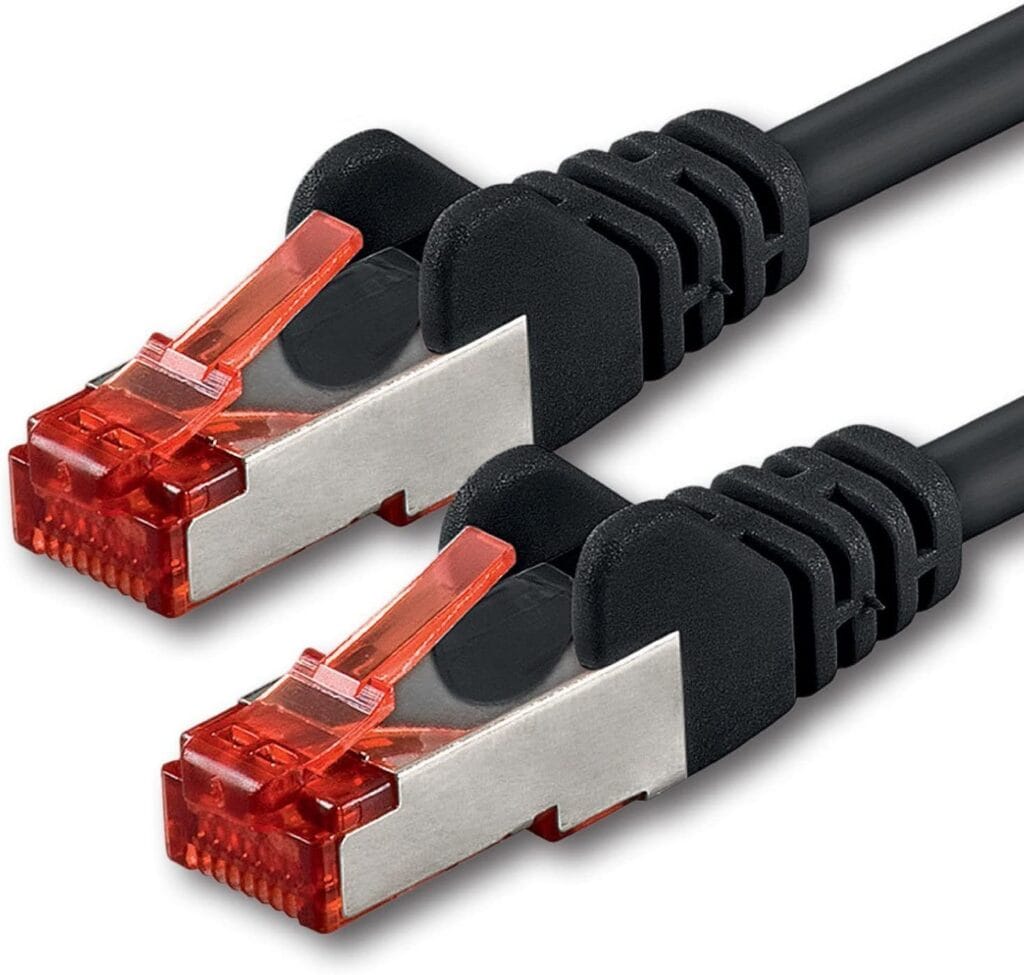 Close-up of two shielded RJ45 plugs with red locking tabs