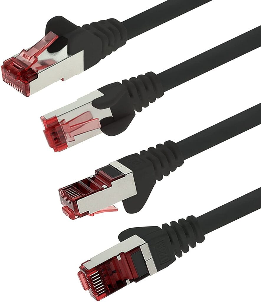 Four views of a shielded RJ45 plug and moulded black strain relief