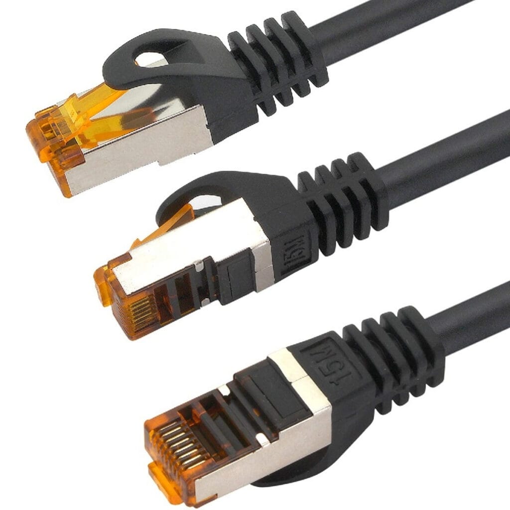Three views of the IRENIS CAT6-4000 shielded RJ45 connector and black cable boot