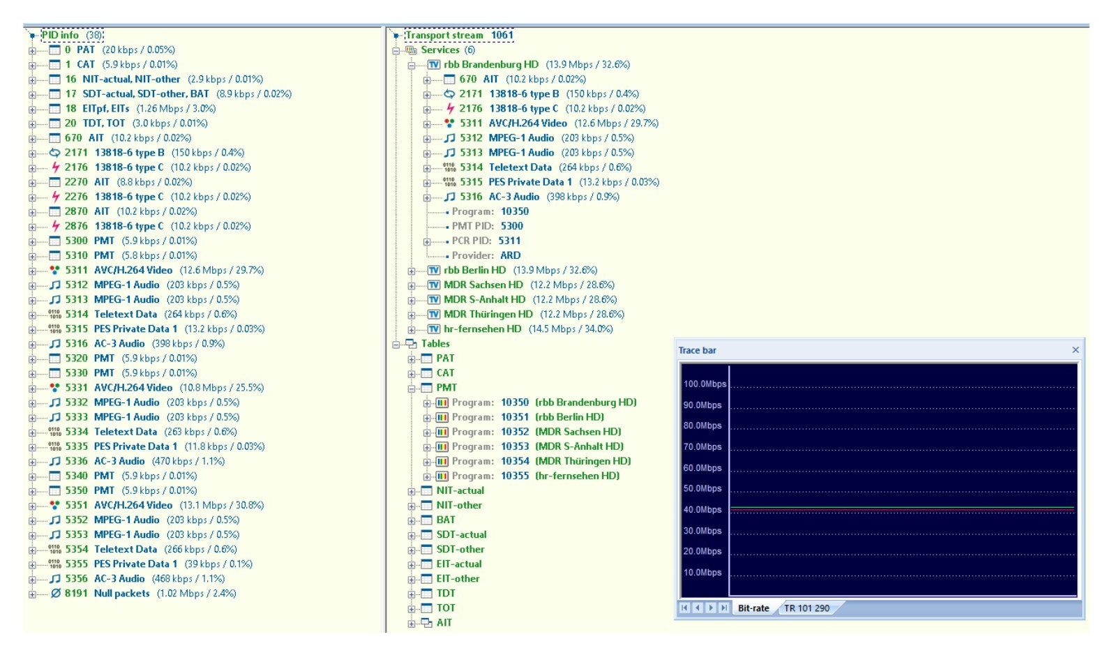 Validate DVB Transport Streams: PSI/SI, PCR and Dynamic PMT 1 Transport stream analyser view of an incoming multi-programme transport stream, showing services, tables and PID structure.